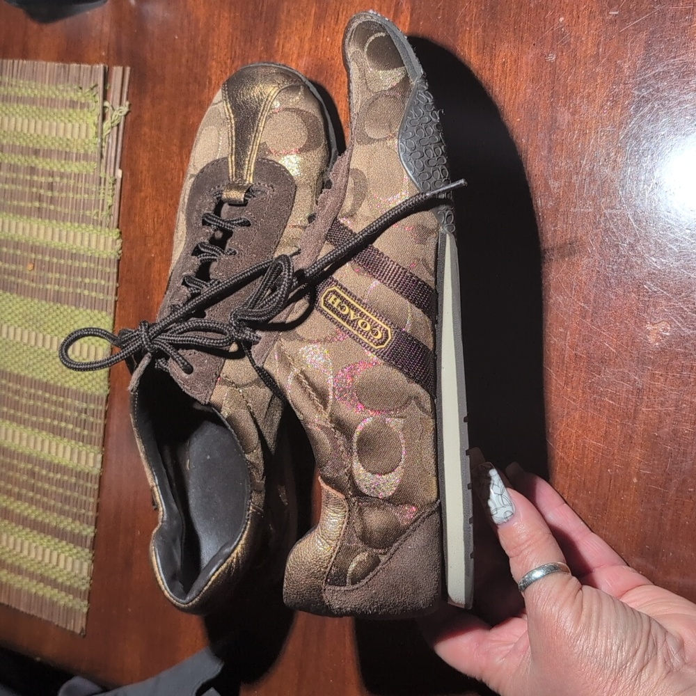 Coach Kate Brown and Gold Patterned Sneakers Size 9 - Picture 2 of 7